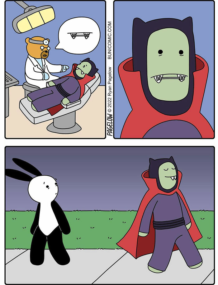 Comic artist's twisted endings show a vampire patient transforming and surprising a walking rabbit character at night.