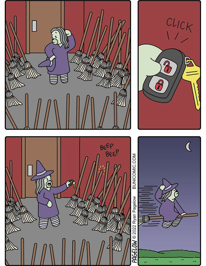 Comic artist’s twisted endings show a woman using a car key to unlock a broom that flies away at night.