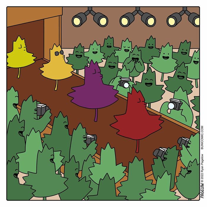 Comic artist drawing of colorful leaves on a runway with green leaves taking photos in a fashion show setting.