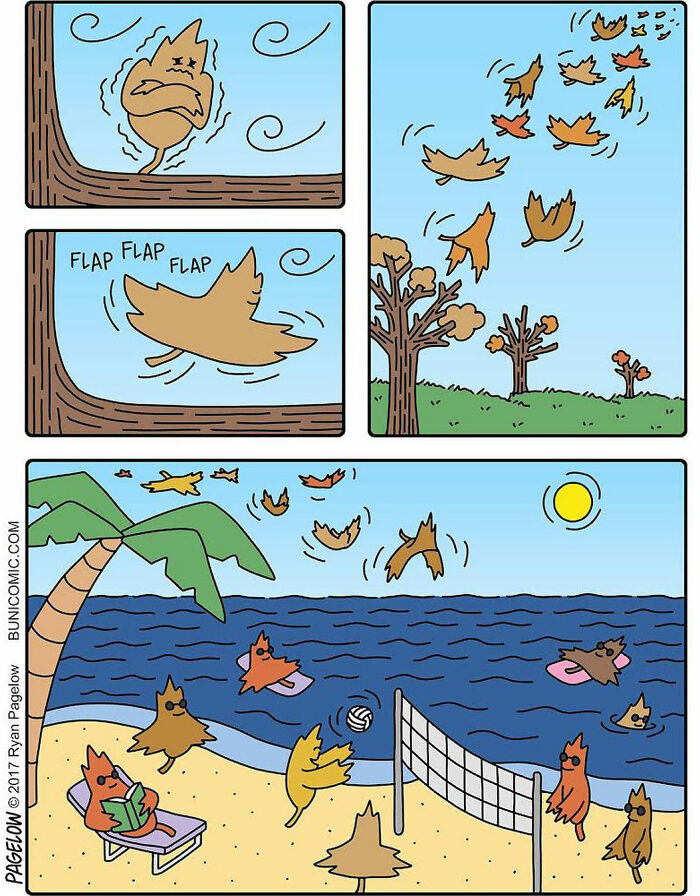 Comic artist's twisted endings shown through animated leaves turning into birds and playing volleyball on a beach.