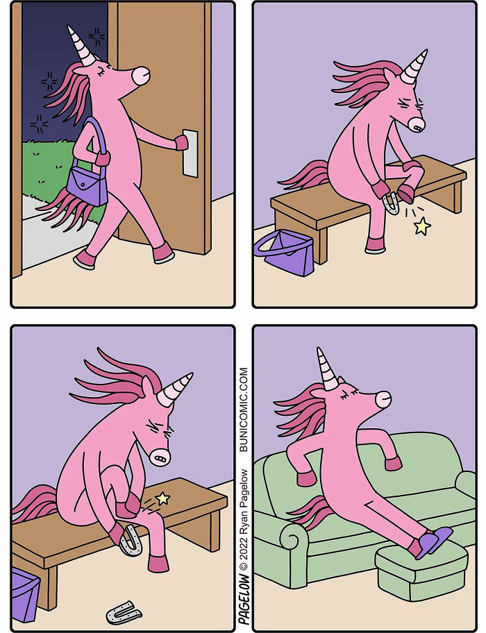 Pink unicorn comic character with twisted endings struggles to use horseshoes before relaxing on a green couch in a comic strip.