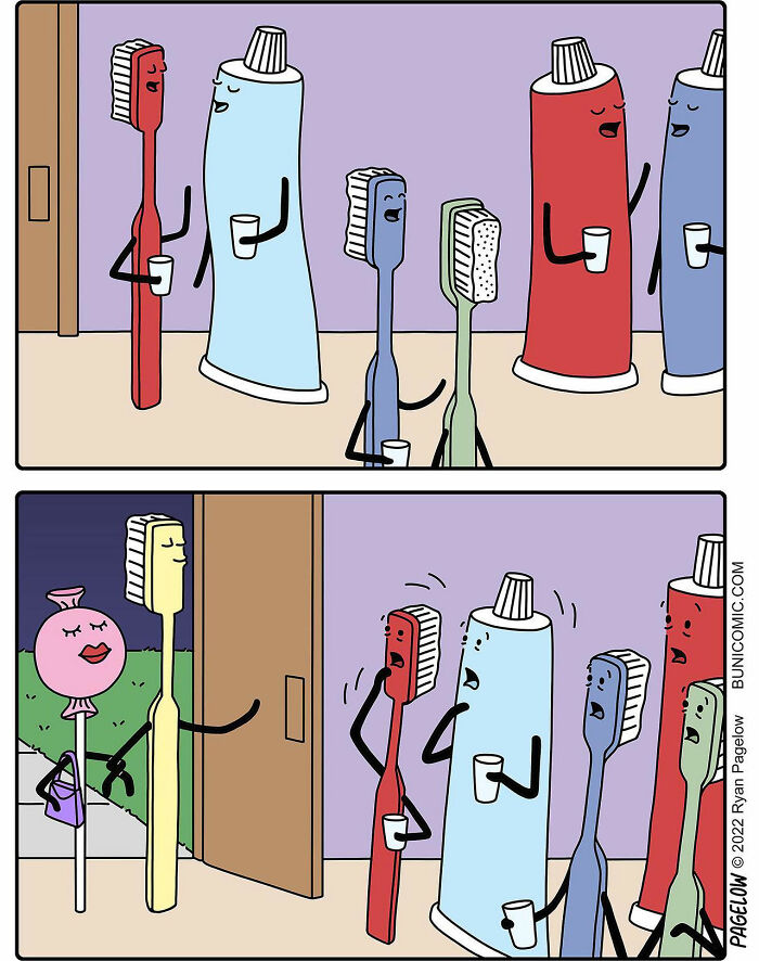 Comic artist’s twisted endings show toothbrushes and toothpaste surprised by a new character arriving at the party.