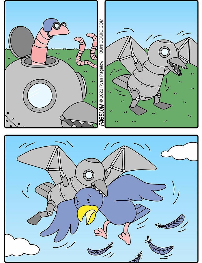 Comic artist’s twisted endings show worms creating a mechanical bird to take down a real bird in a surprising comic scene.