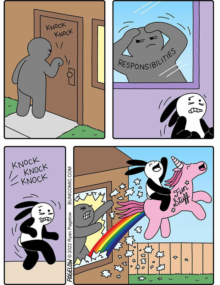 Comic artist’s twisted endings show responsibility as a dark figure shattered by a bunny riding a fun stuff unicorn.