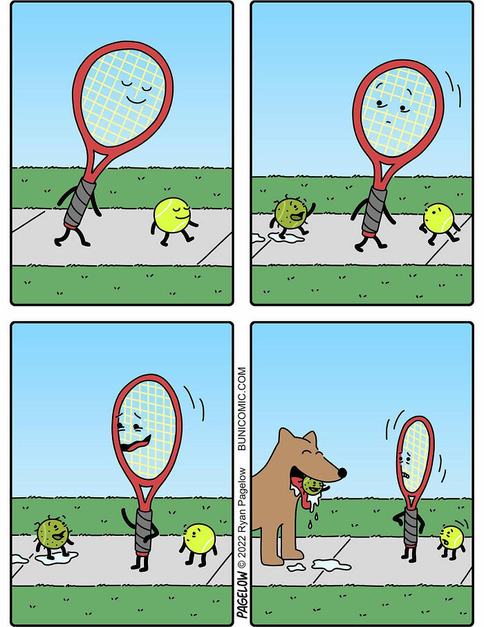 Comic artist’s twisted ending shows tennis racket and balls walking until dog appears with one ball in its mouth.