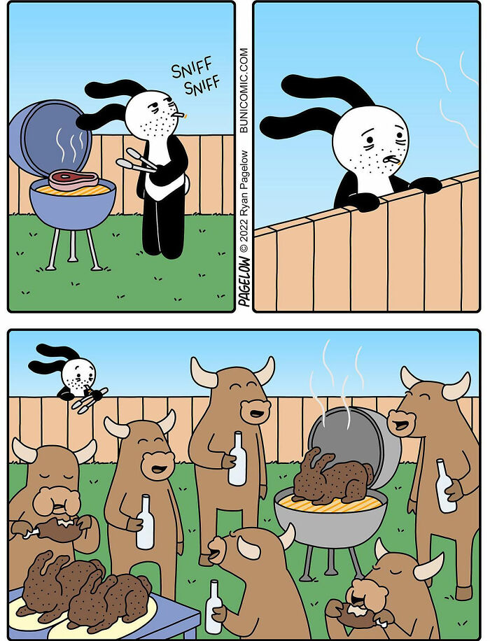Comic artist's twisted endings showing a rabbit grilling and bulls enjoying cooked meat at a backyard barbecue.