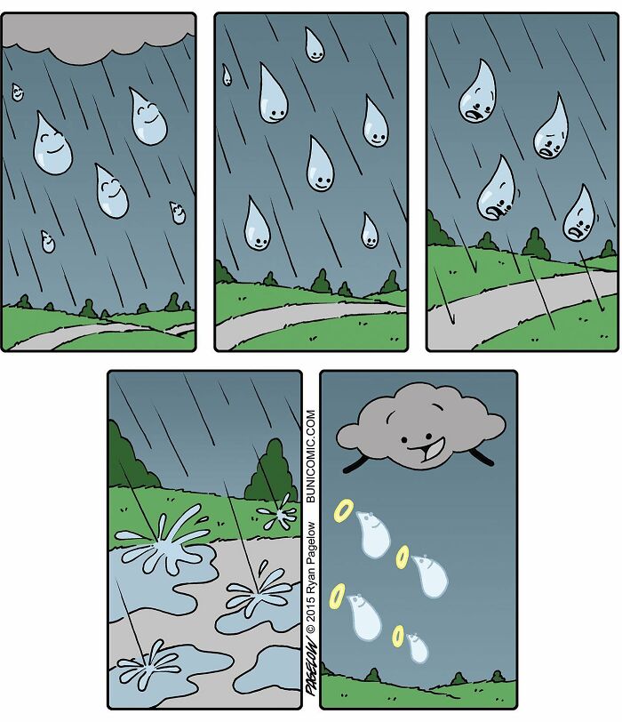 Comic artist’s illustration of raindrops with faces showing emotions and a cloud smiling, showcasing twisted endings.