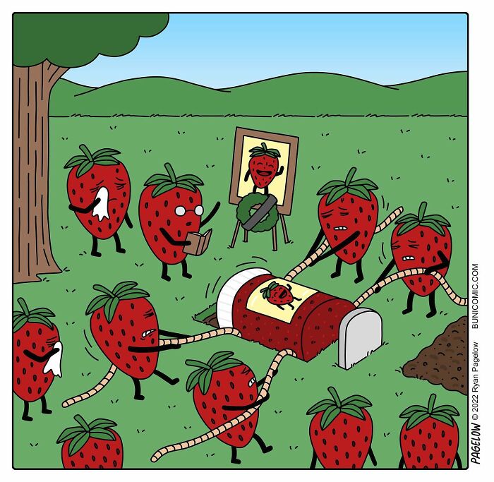 A comic artist’s twisted endings shown as strawberries mourning a fallen strawberry-shaped ketchup bottle.