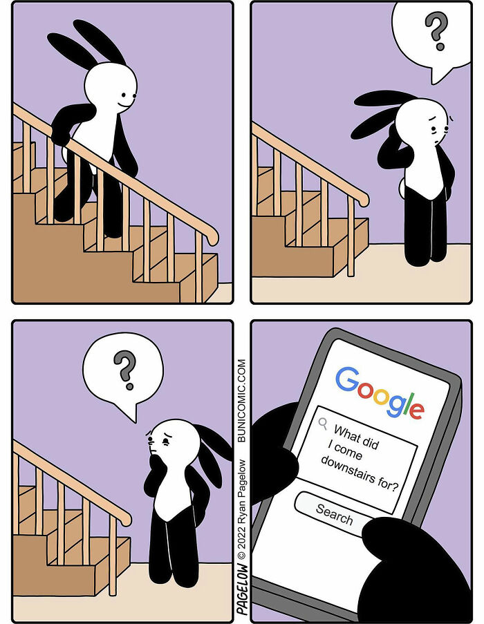 Comic artist's twisted endings shown in a four-panel strip with a rabbit confused about going downstairs and searching on phone.