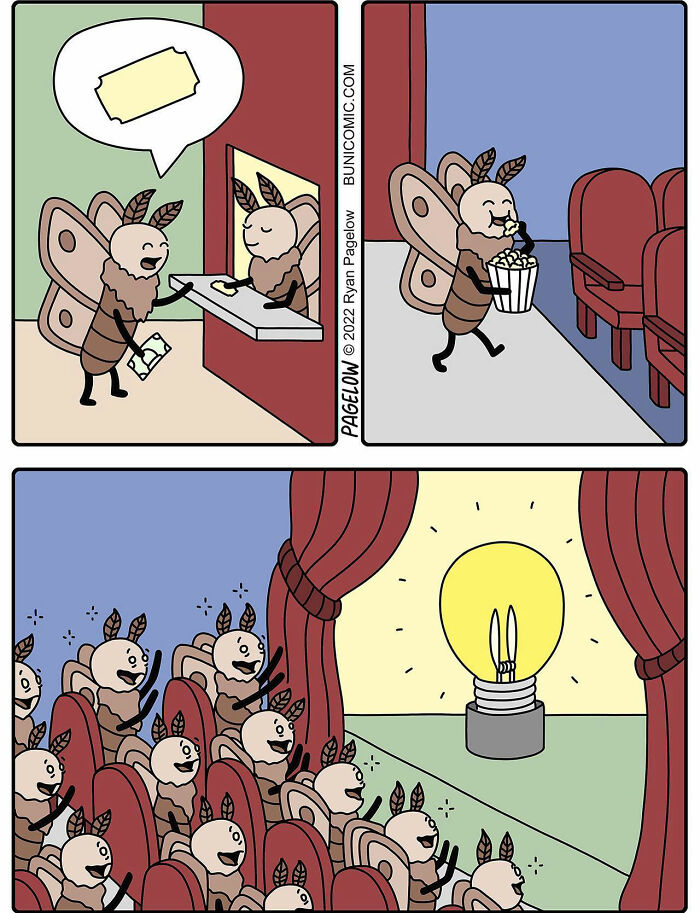 Comic artist's twisted endings shown with cartoon moths at a theater enjoying a giant light bulb as the show.