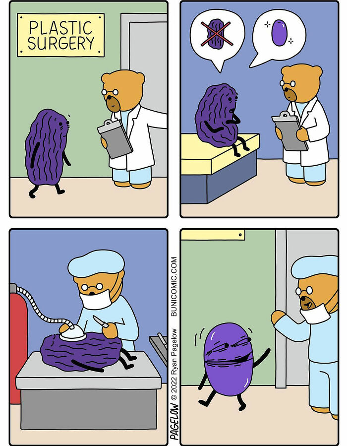 Comic artist’s twisted endings show a raisin going to plastic surgery and transforming into a grape character.