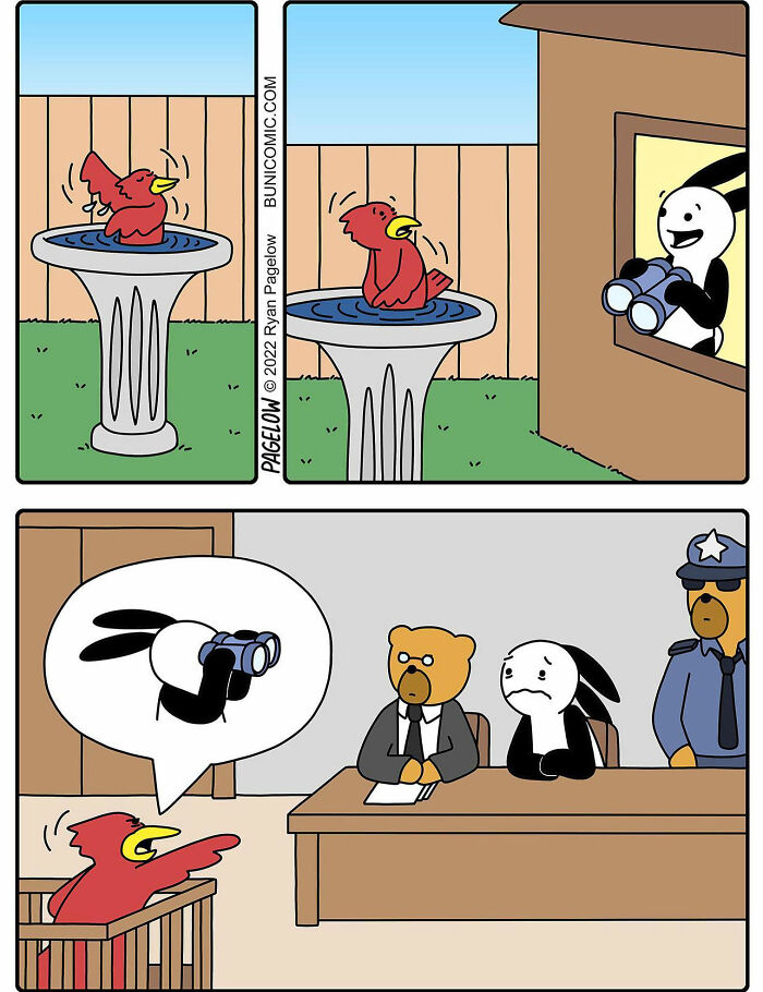 Comic artist's twisted endings shown in a three-panel scene with a bird, rabbit, and bear in a surprising courtroom twist.