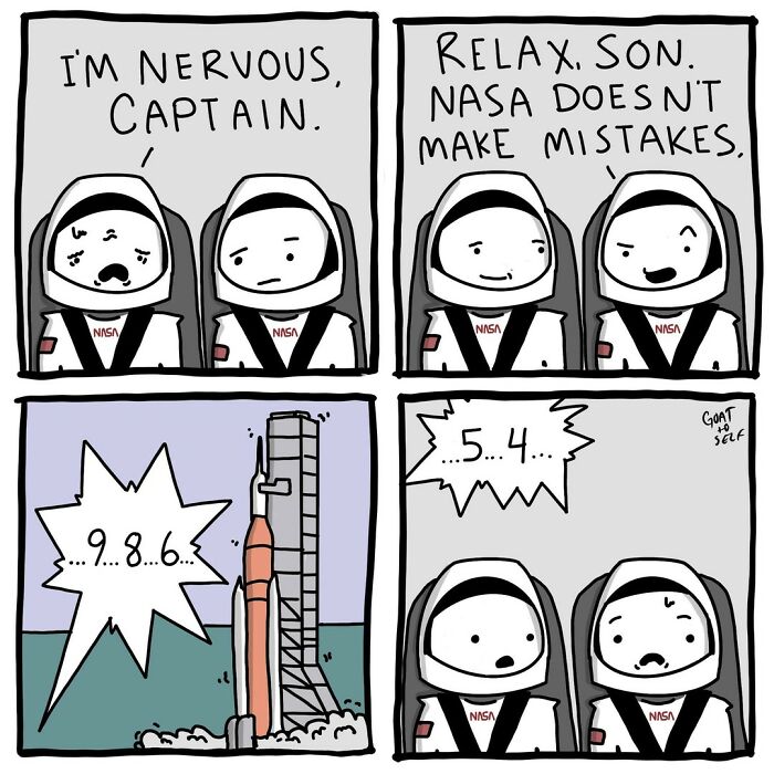 Comic by Canadian artist shows astronauts nervously counting down a rocket launch with an unexpected twist ending.