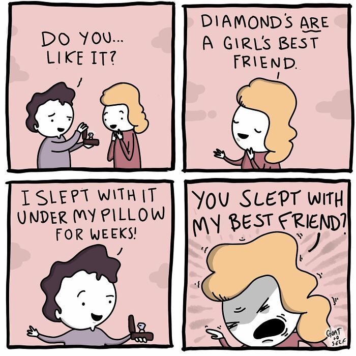 Absurd comic by Canadian artist showing unexpected ending with a humorous twist about diamonds and best friends.