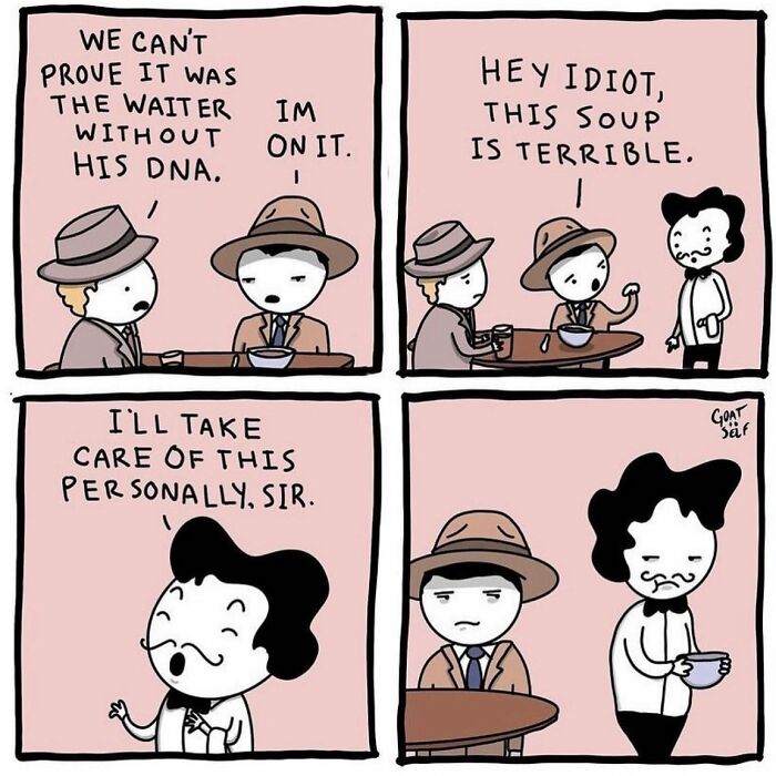 Absurd comic featuring a detective and waiter with an unexpected ending in a Canadian artist's creative cartoon style.