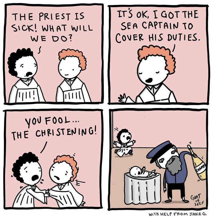 Absurd comic by Canadian artist shows a funny twist with a priest, sea captain, and an unexpected christening scene.