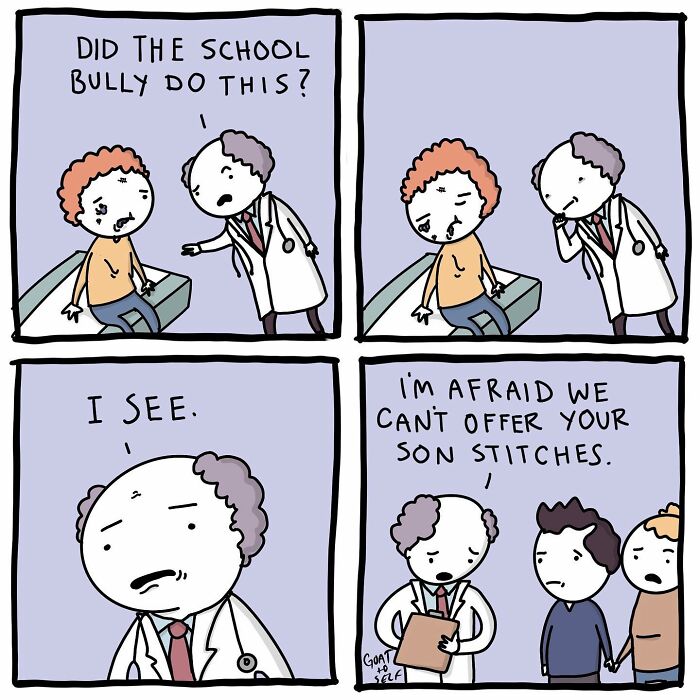 Absurd comic panels by a Canadian artist showing a doctor with ridiculous, unexpected endings in a medical setting.