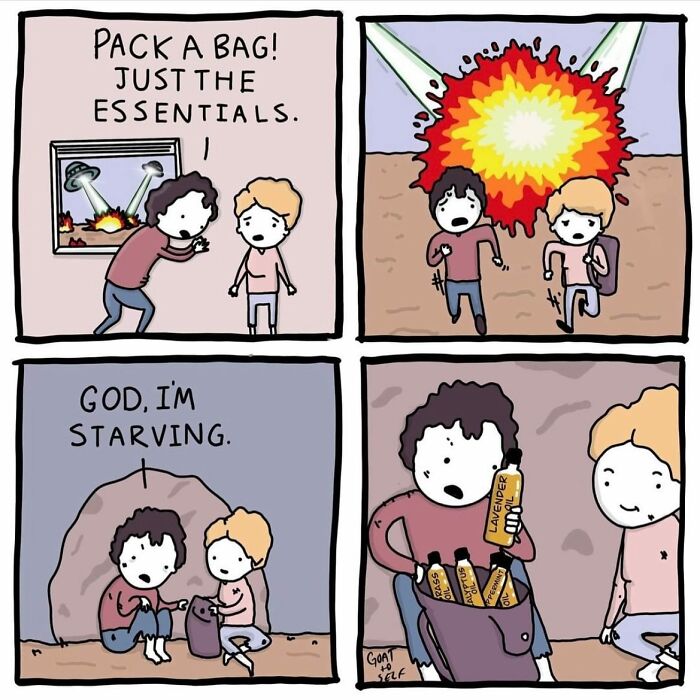 Absurd comic by Canadian artist shows two characters escaping danger with unexpected, humorous endings in four-panel cartoon.