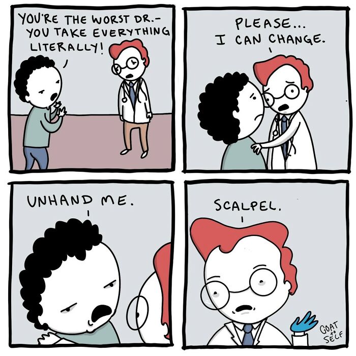 Absurd comic panels showing a patient frustrated with a literal doctor, featuring unexpected comic endings by a Canadian artist.