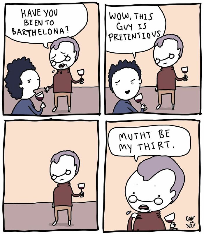 Absurd comic by a Canadian artist showing a pun about the word Barcelona during a wine conversation.