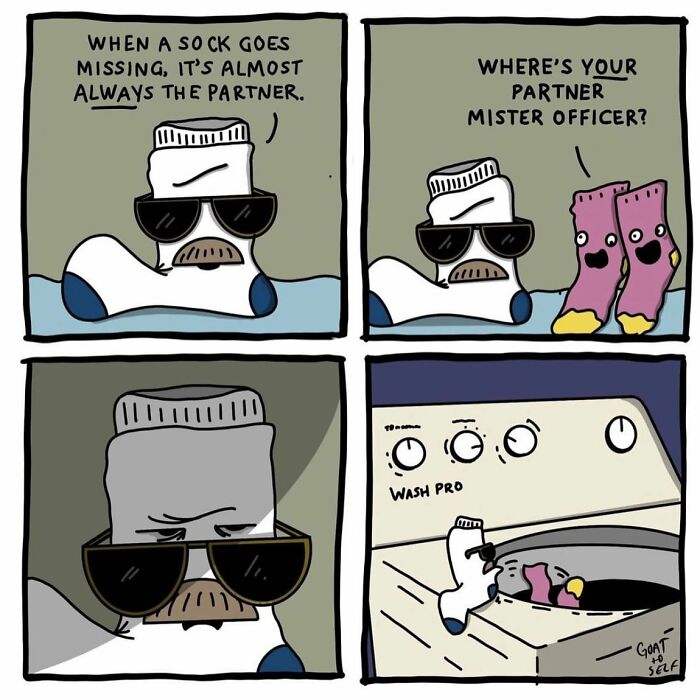 Absurd comic by Canadian artist shows socks with sunglasses and unexpected washing machine twist.