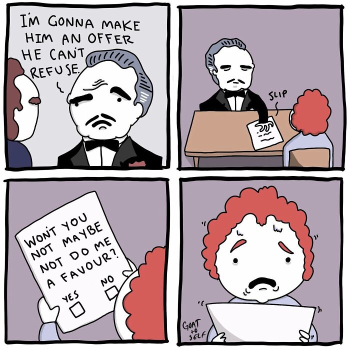 Absurd comics by Canadian artist featuring unexpected endings with quirky characters and humorous twists in simple cartoon style.