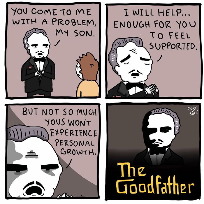 Absurd comic by Canadian artist showing a humorous, unexpected ending featuring a parody of The Godfather character.