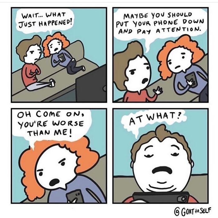 Absurd comic panels by Canadian artist show two characters discussing phone use with an unexpected funny ending.