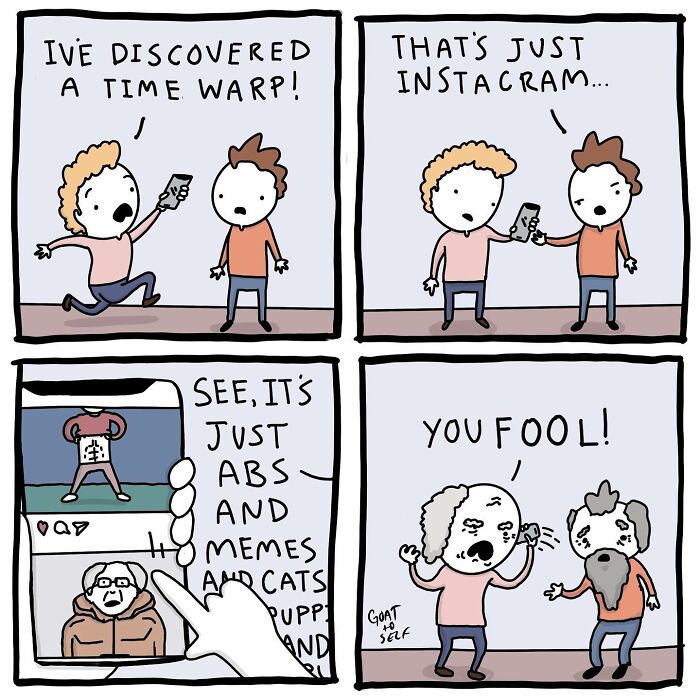 Absurd comic by Canadian artist shows a time warp misunderstanding leading to a punchline about Instagram and memes.