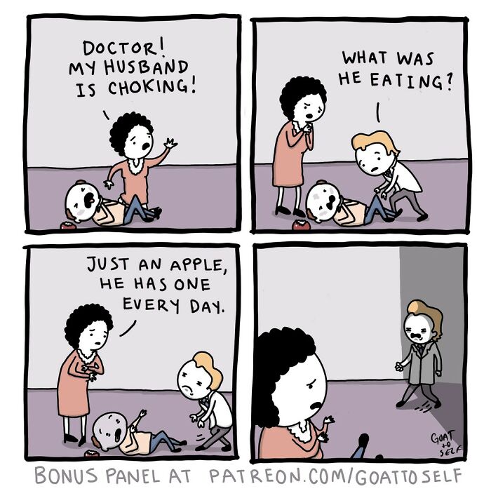 Absurd comic by Canadian artist shows a woman calling for help while her husband chokes, with an unexpected twist ending.