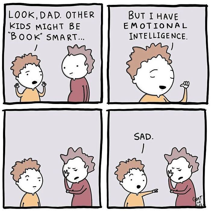 Comic by Canadian artist shows a child claiming emotional intelligence with an unexpected, absurd ending.