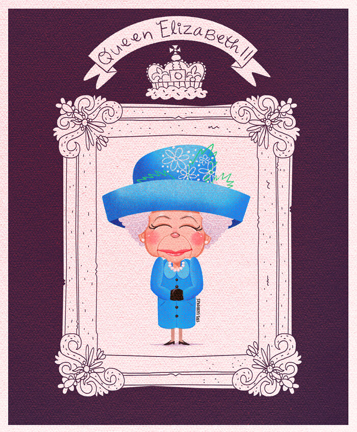 Illustration tribute of Queen Elizabeth II in a blue outfit, part of 23 tribute illustrations for those lost in 2022.