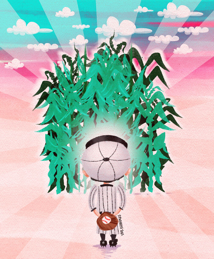 Tribute illustration of a baseball player standing in front of tall green corn stalks with a glowing aura and pink sky background.
