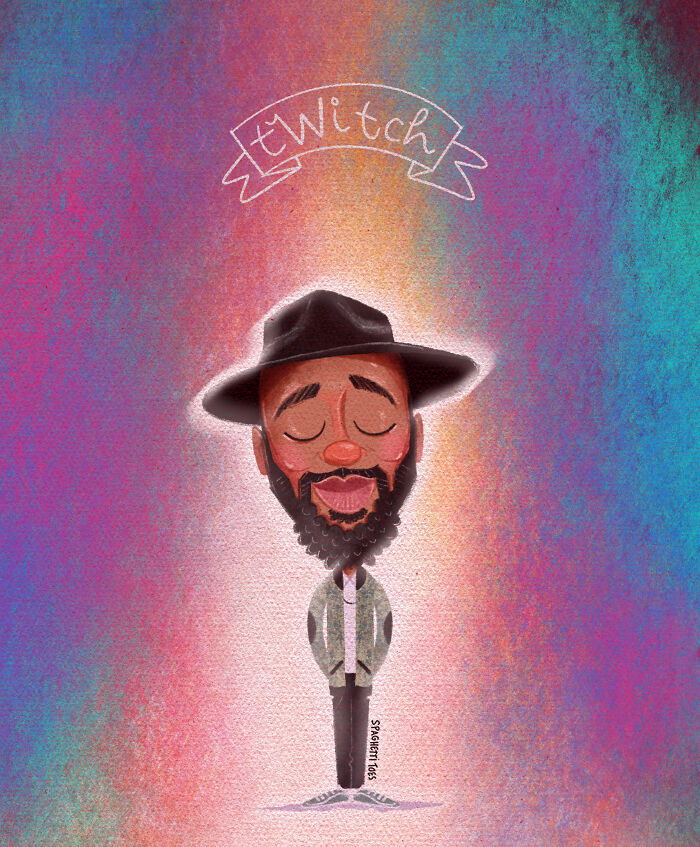 Tribute illustration of a man with a beard and hat against colorful textured background honoring those lost in 2022