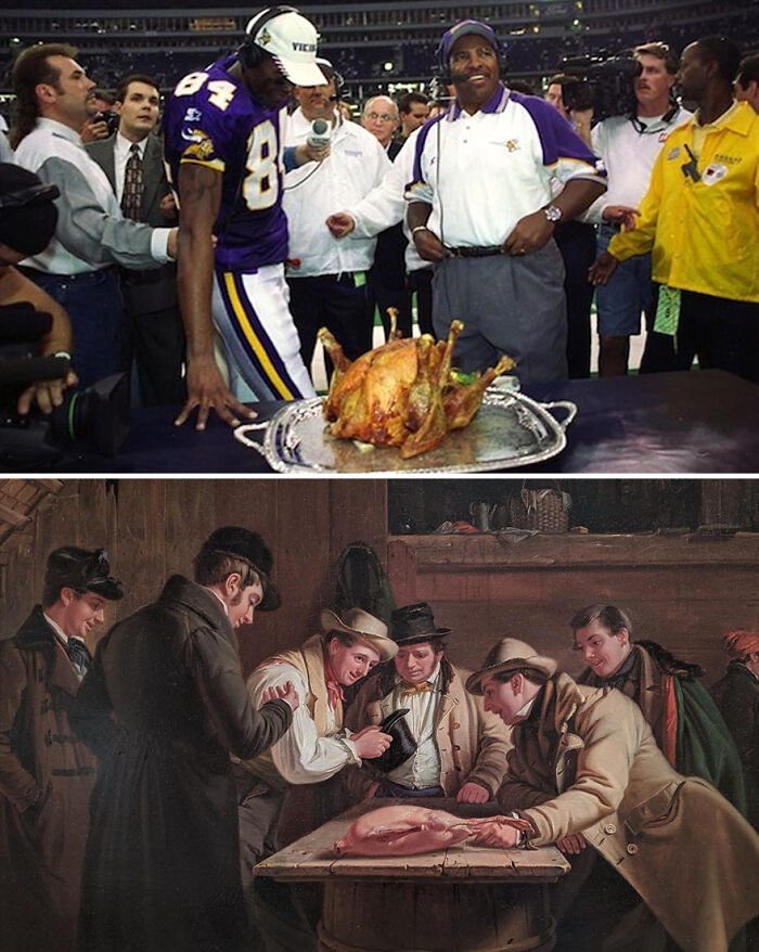 Side-by-side comparison of a sports moment and a painting highlighting coincidentally accurate and funny similarities.