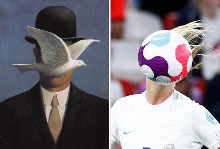 Side-by-side comparison of art and sports moments showing funny and accurate similarities with a bird and soccer ball covering faces.
