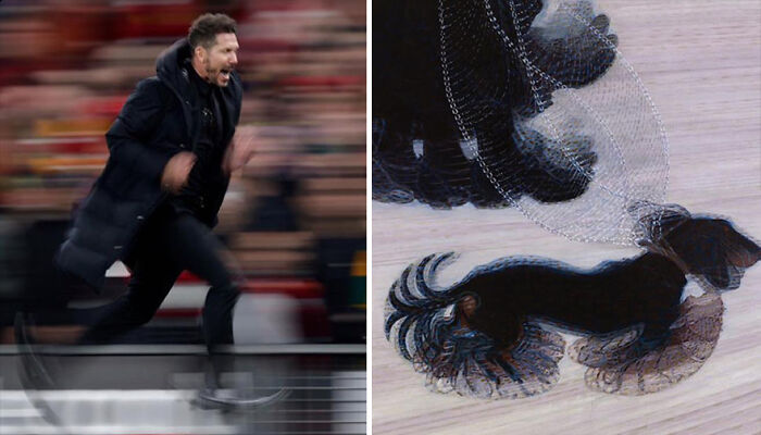 Blurred image of a man running on a field next to an artwork showcasing coincidentally accurate and funny similarities between art and sports moments.