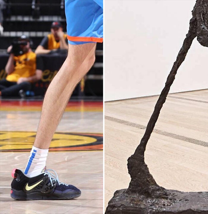 Side-by-side comparison of a basketball player's leg and a sculpture highlighting similarities in art and sports moments.