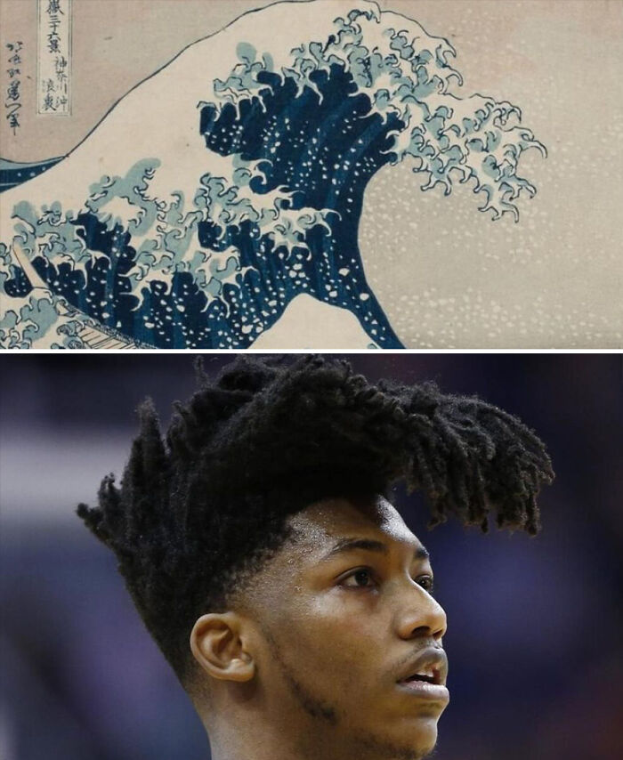 Split image showing the art piece The Great Wave and a basketball player with hair resembling the wave, highlighting art and sports similarities.