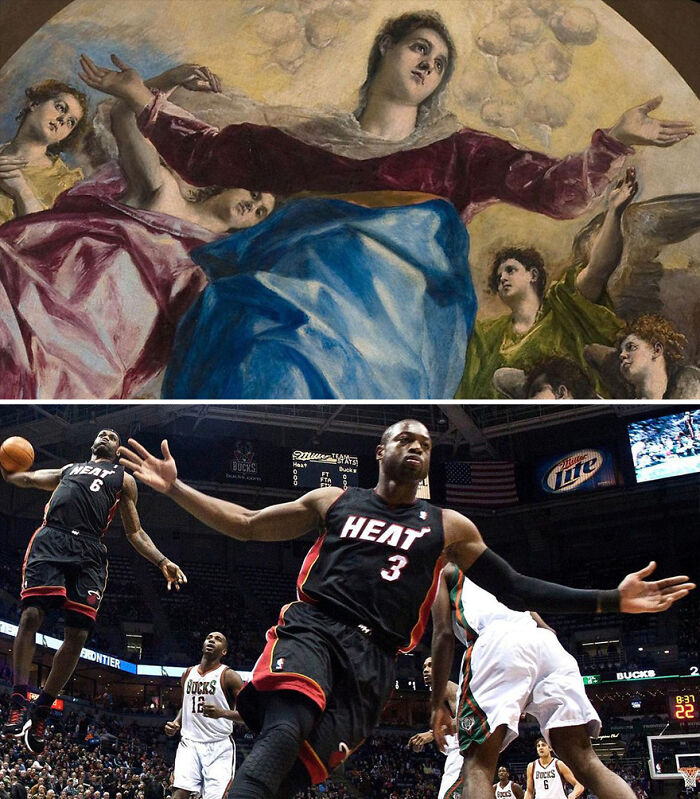 Painting of angels with outstretched arms compared to basketball players mimicking the same pose in a game moment.