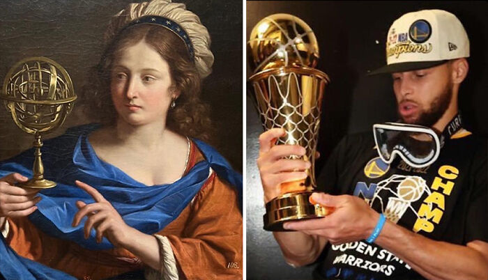 Side-by-side image showing coincidentally accurate and funny similarities between art and sports moments.