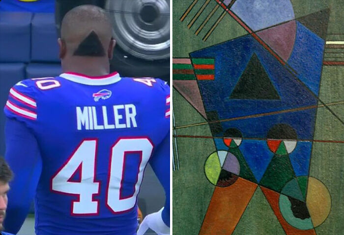 Athlete with a triangular tattoo on the neck wearing a Miller 40 jersey and abstract geometric painting with similar triangle shape.