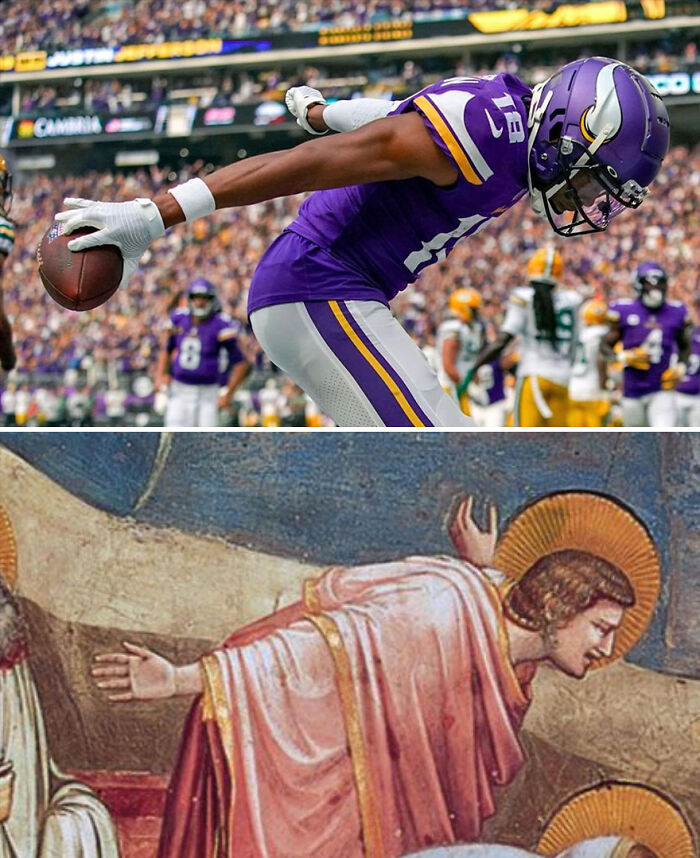 Football player in purple jersey celebrating next to a religious artwork showing a similar arm and head position.