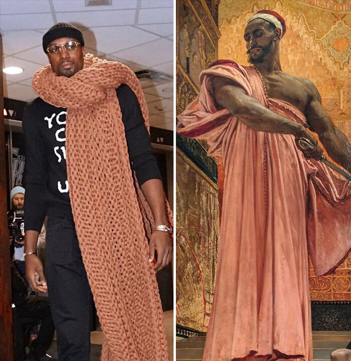 Side-by-side comparison of a sports moment and classical art showing coincidentally accurate and funny similarities.