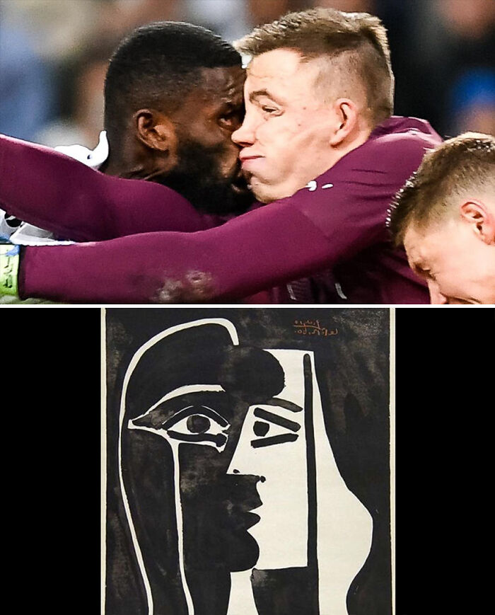 Sports moment and abstract art showing coincidentally accurate and funny similarities in facial expressions and composition.