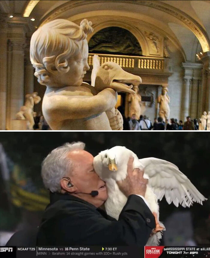 Marble statue of child holding a bird paired with man holding a duck, showing funny art and sports similarities.