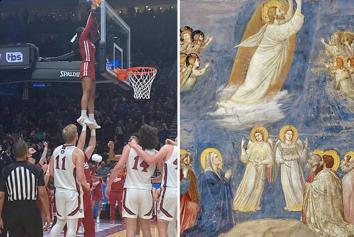 Basketball player dunking compared to a religious painting, showing funny similarities between art and sports moments.