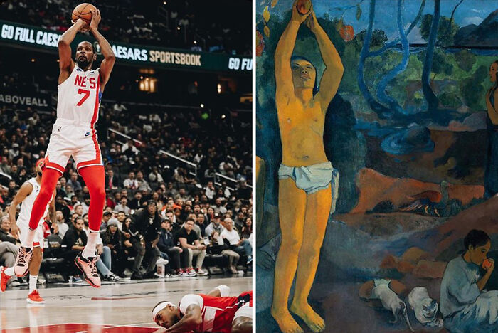 Basketball player shooting a jump shot beside an art painting of a similar pose, showing funny sports and art similarities.