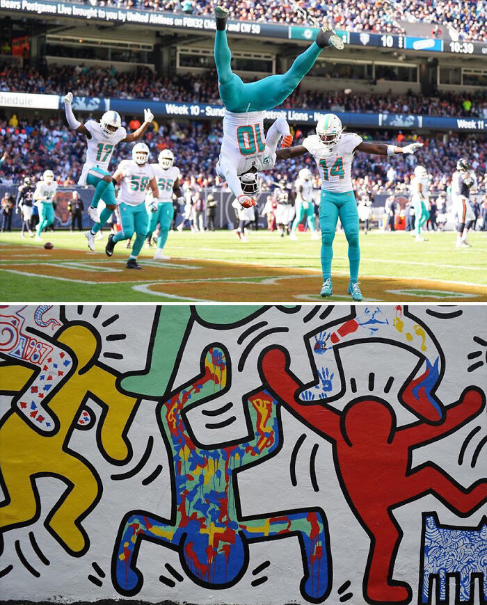 Football player mid-flip celebrating touchdown mirrored by colorful street art figure doing a similar pose.