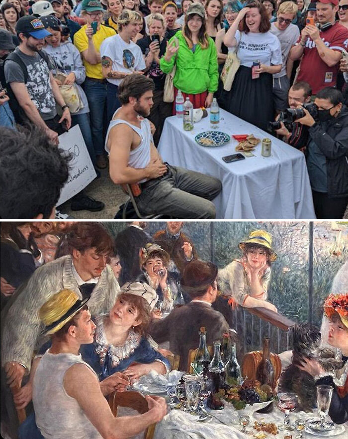Crowd watching a man seated at a table mimicking an art scene, showcasing funny similarities between art and sports moments.